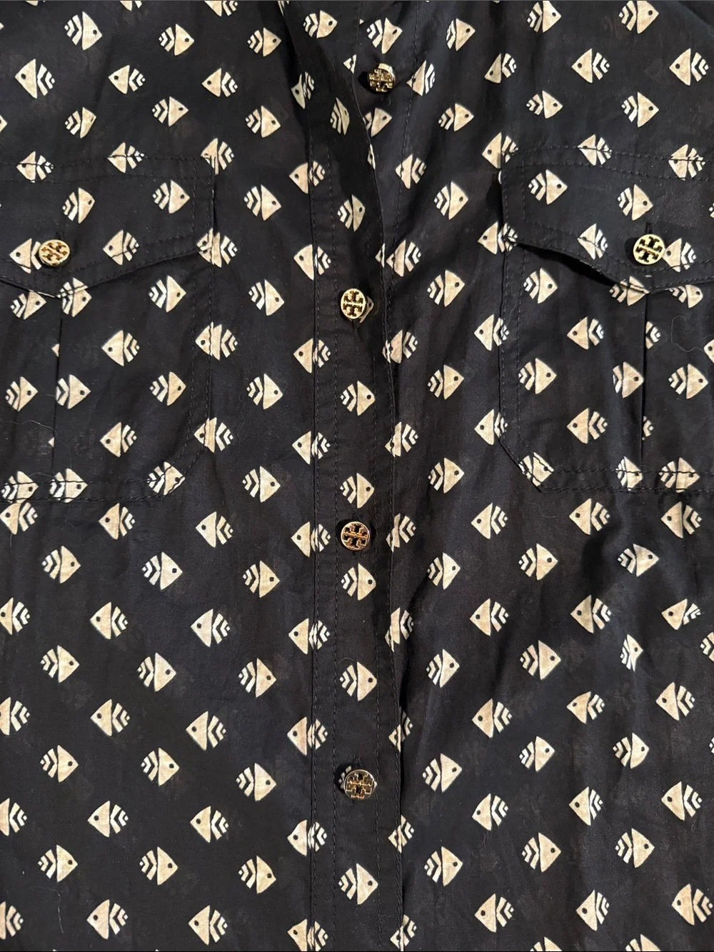 Tory Burch Lightweight Black Button-Down Blouse with Cream Geometric Fish Print